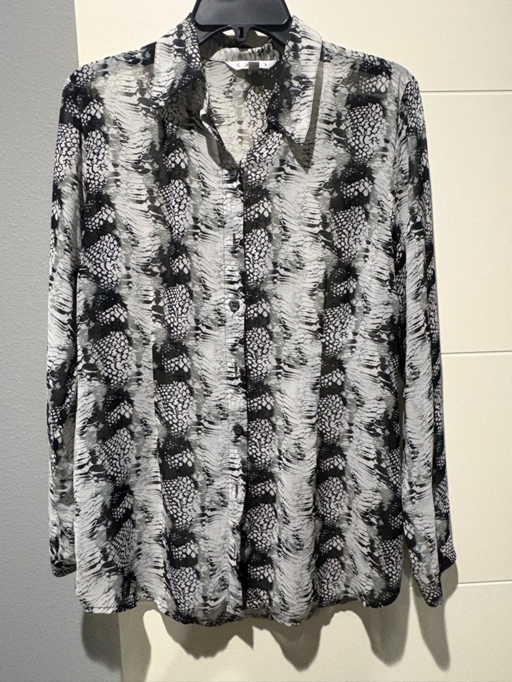 Women’s Cabi Dress Shirt Black Grey White Snake Print Sheer Medium